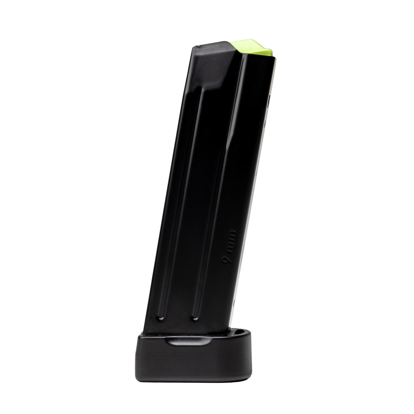 Black 9mm pistol magazine on white background