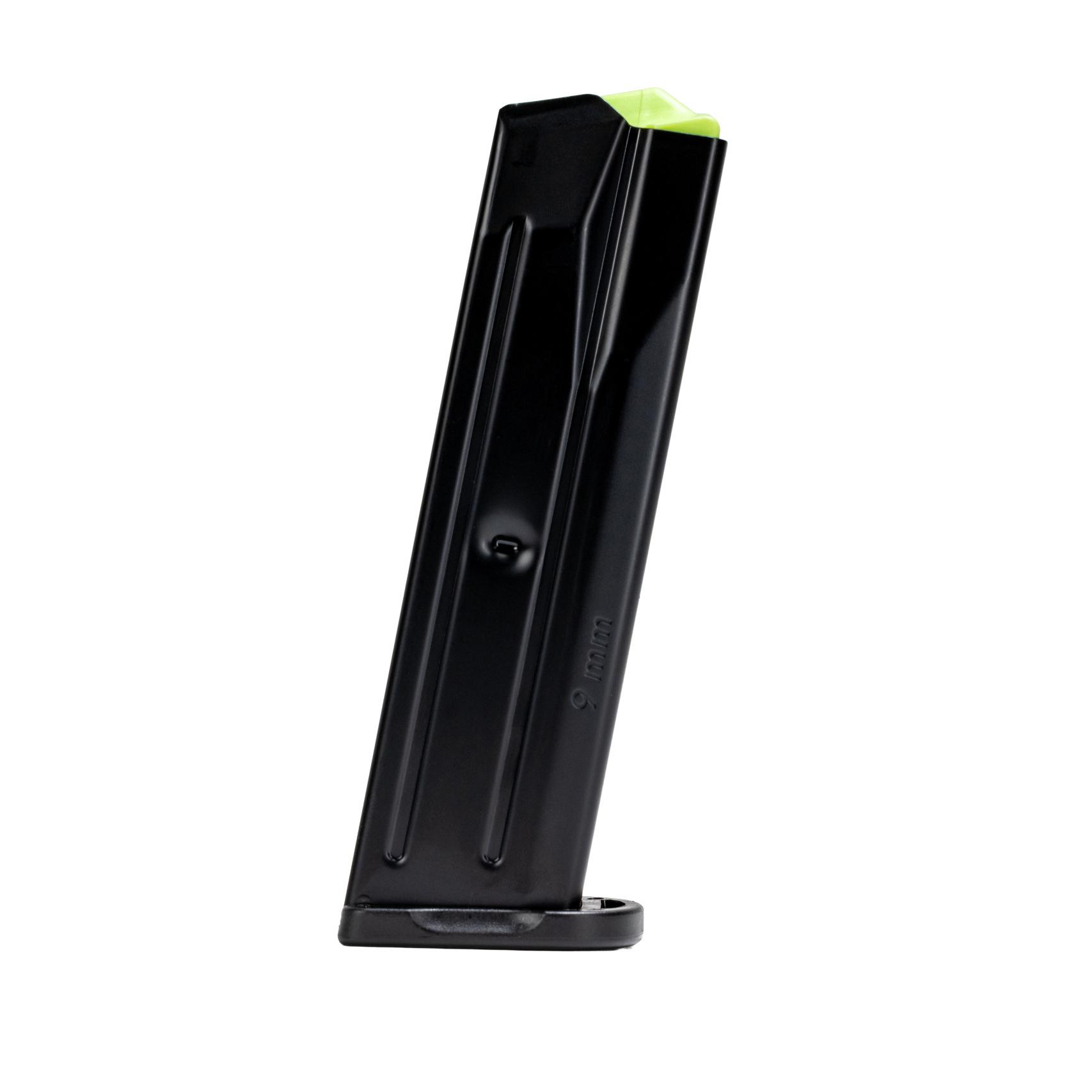 Black handgun magazine with green follower