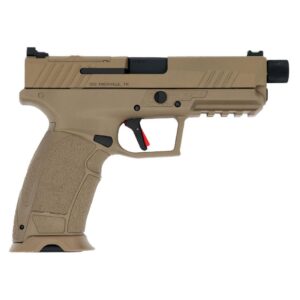 Tan semi-automatic handgun with threaded barrel