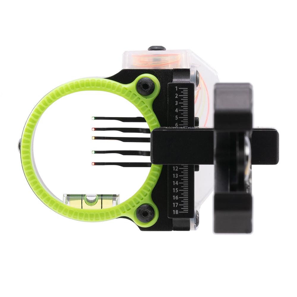 Close-up of archery bow sight with fiber pins