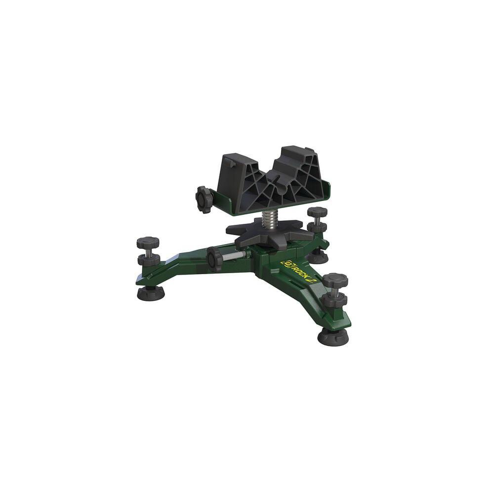Adjustable green rifle vise on tripod base