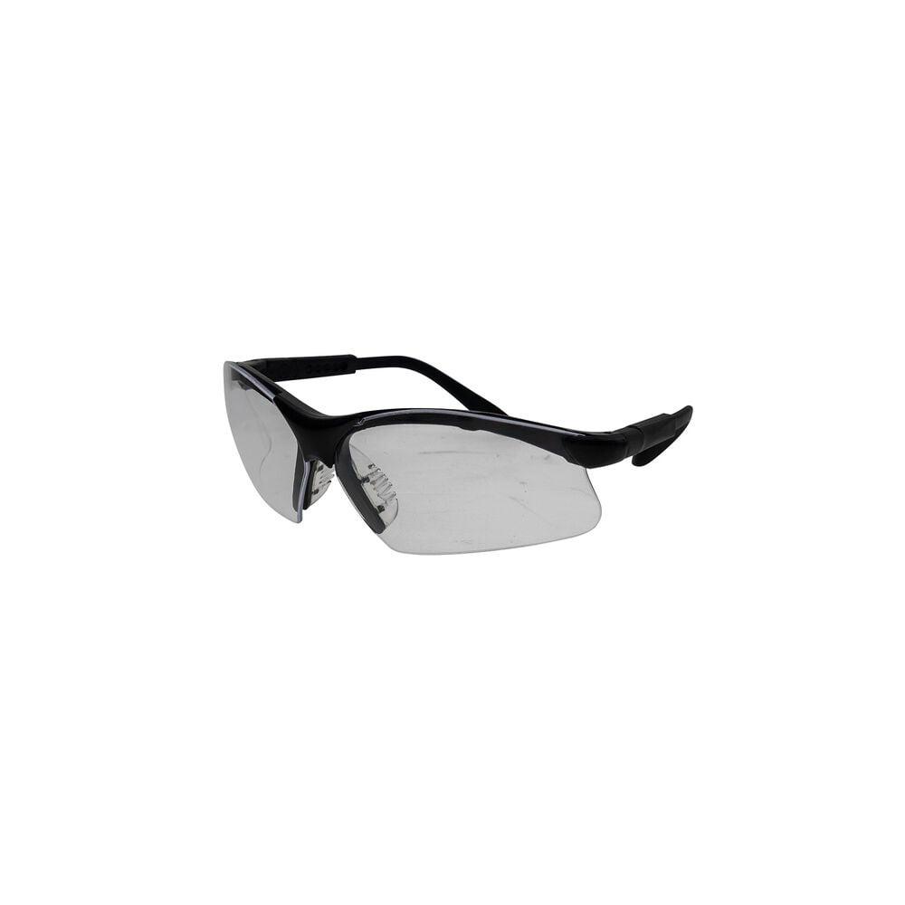 Black wraparound safety glasses with clear lenses