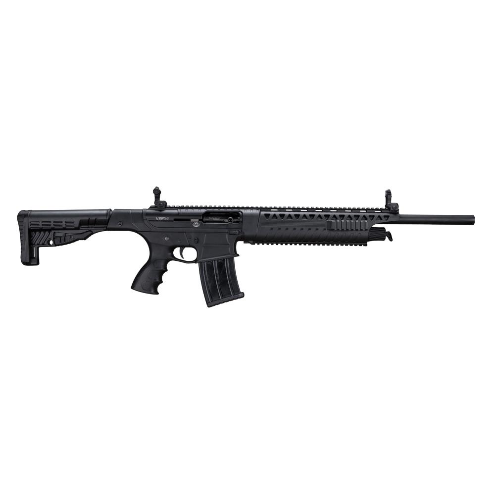 Black semi-automatic rifle on white background
