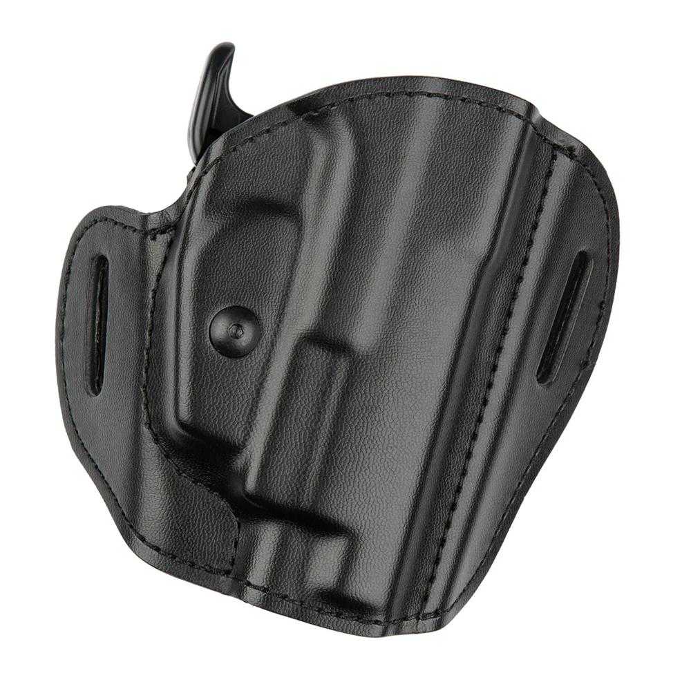 Black leather handgun holster with belt slots