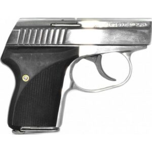 Compact semi-automatic handgun on white background