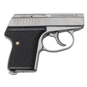 Compact silver handgun with black textured grip