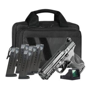 Handgun with magazines, case, and red dot sight