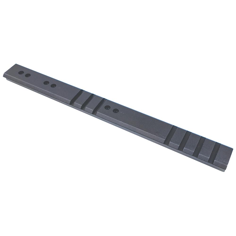 Black metal mounting rail with holes and ridges