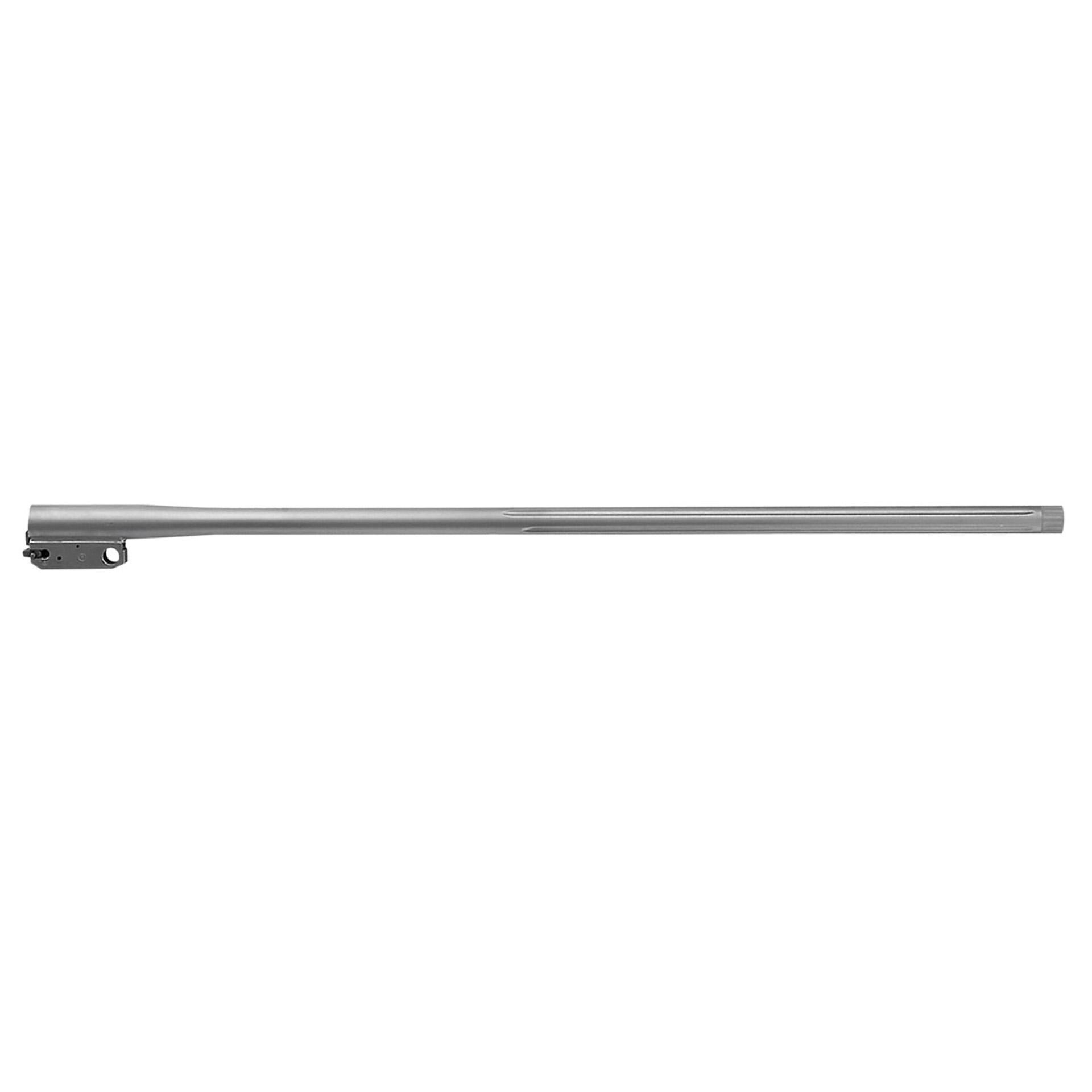 Long stainless steel rifle barrel on white background