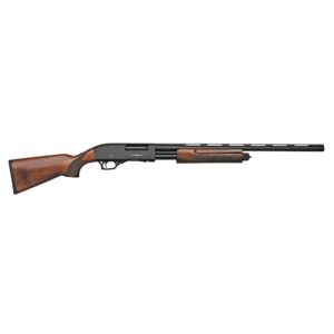 Wood-stocked semi-automatic shotgun on white background