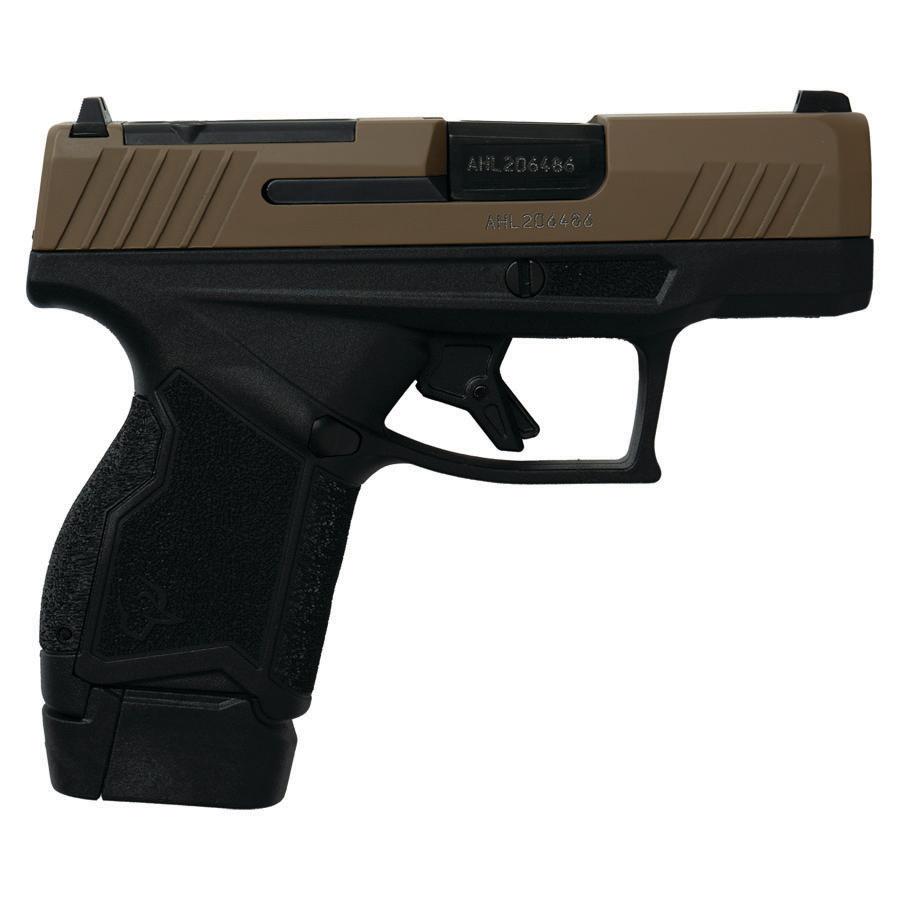 Compact two-tone semi-automatic handgun on white background