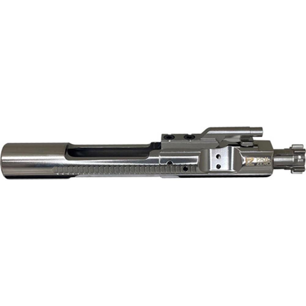 Metal rifle bolt carrier assembly on white background