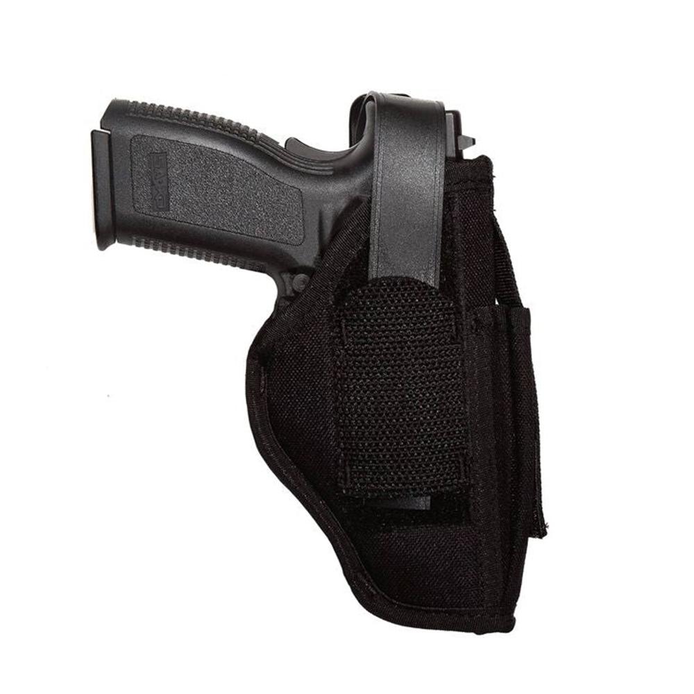 Black handgun in nylon holster on white background
