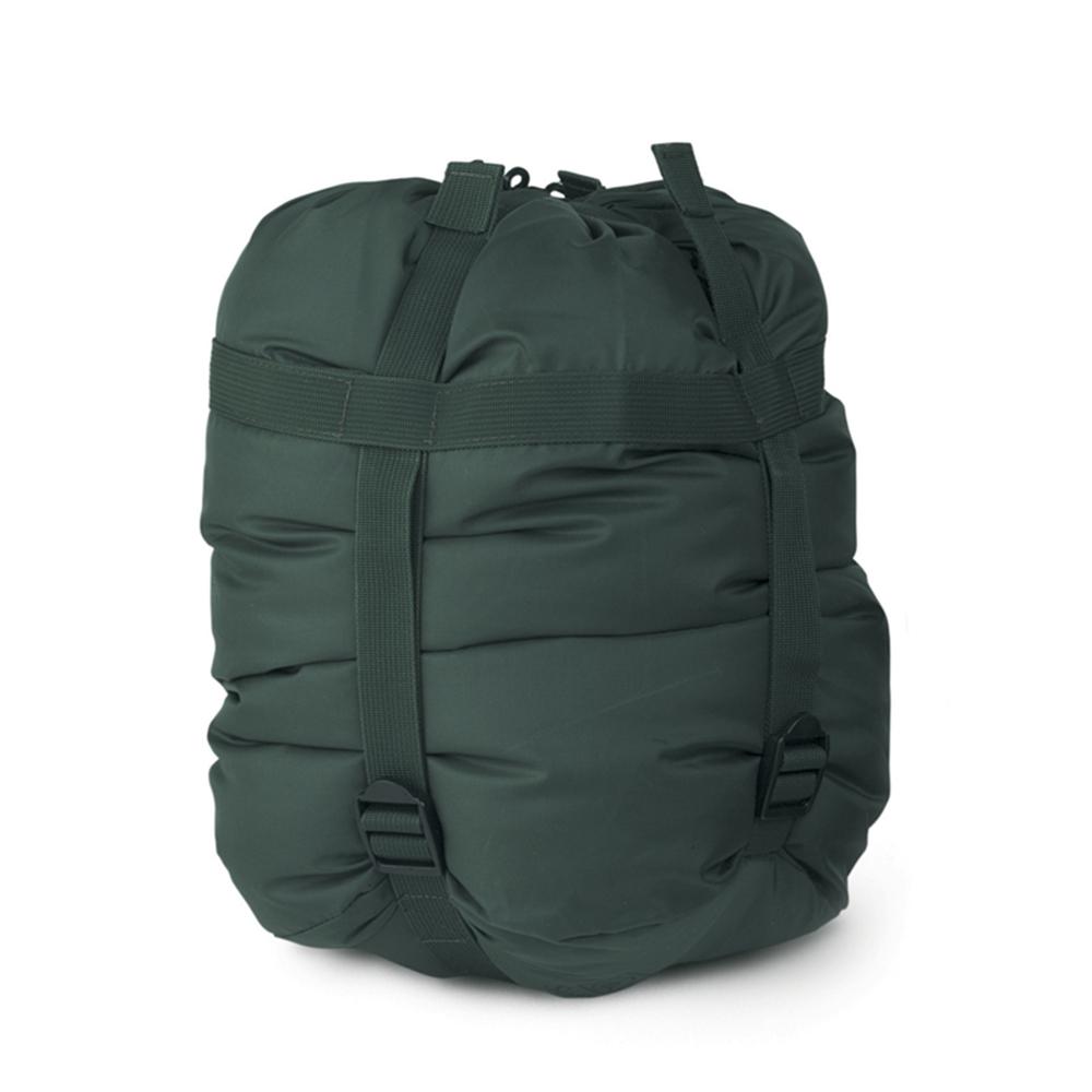 Dark green rolled sleeping bag with straps