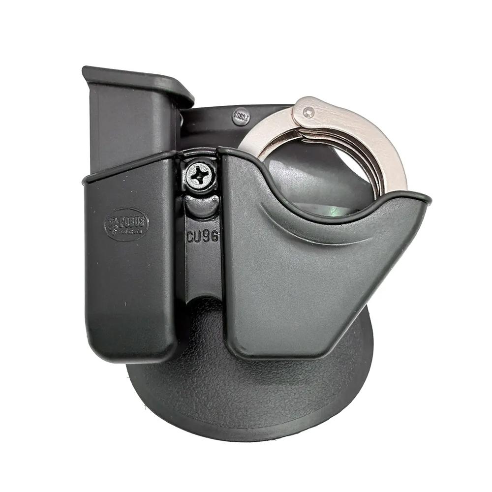 Black handcuff holder with metal handcuffs