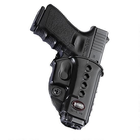 Black handgun in polymer holster with light attachment