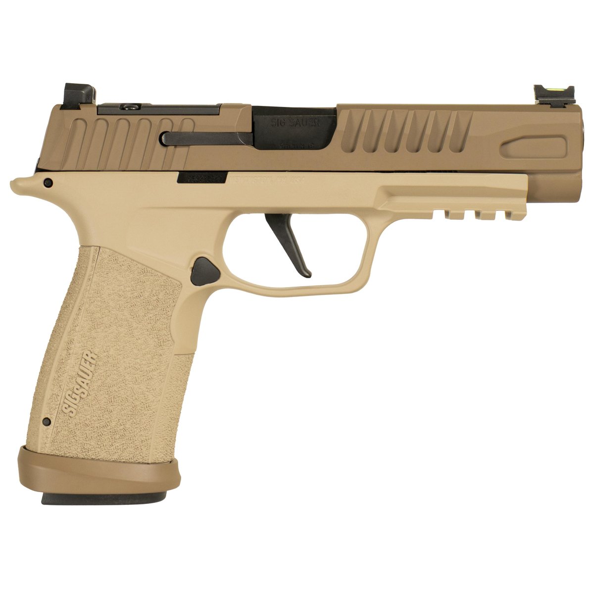 Tan semi-automatic handgun on white background