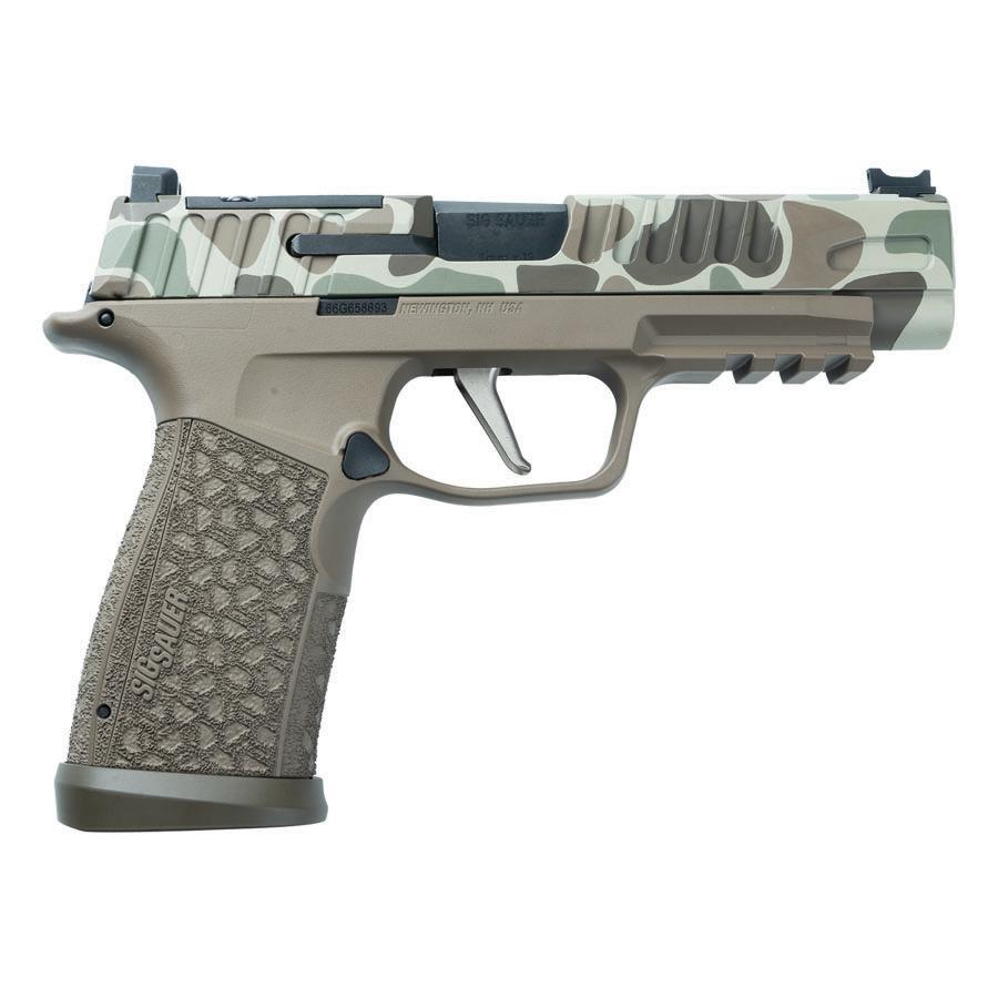 Camouflage slide semi-automatic pistol on white background