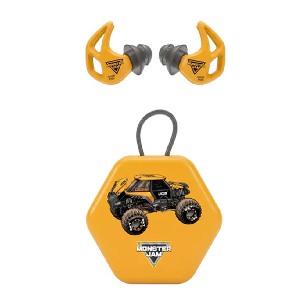 Yellow Monster Jam earplugs with storage case