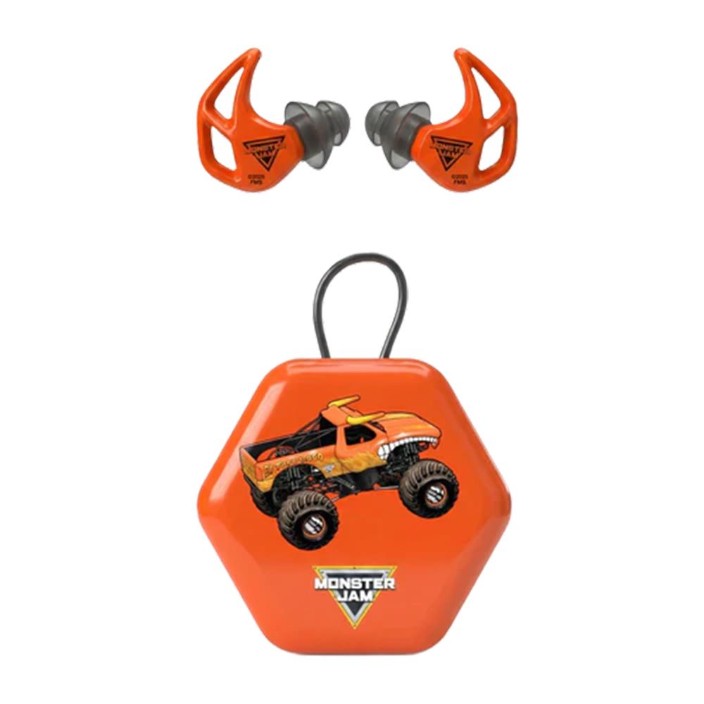 Orange Monster Jam earplugs with carrying case