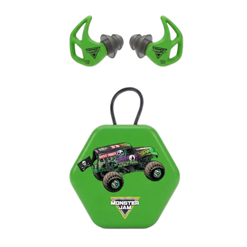Green Monster Jam earplugs with carrying case