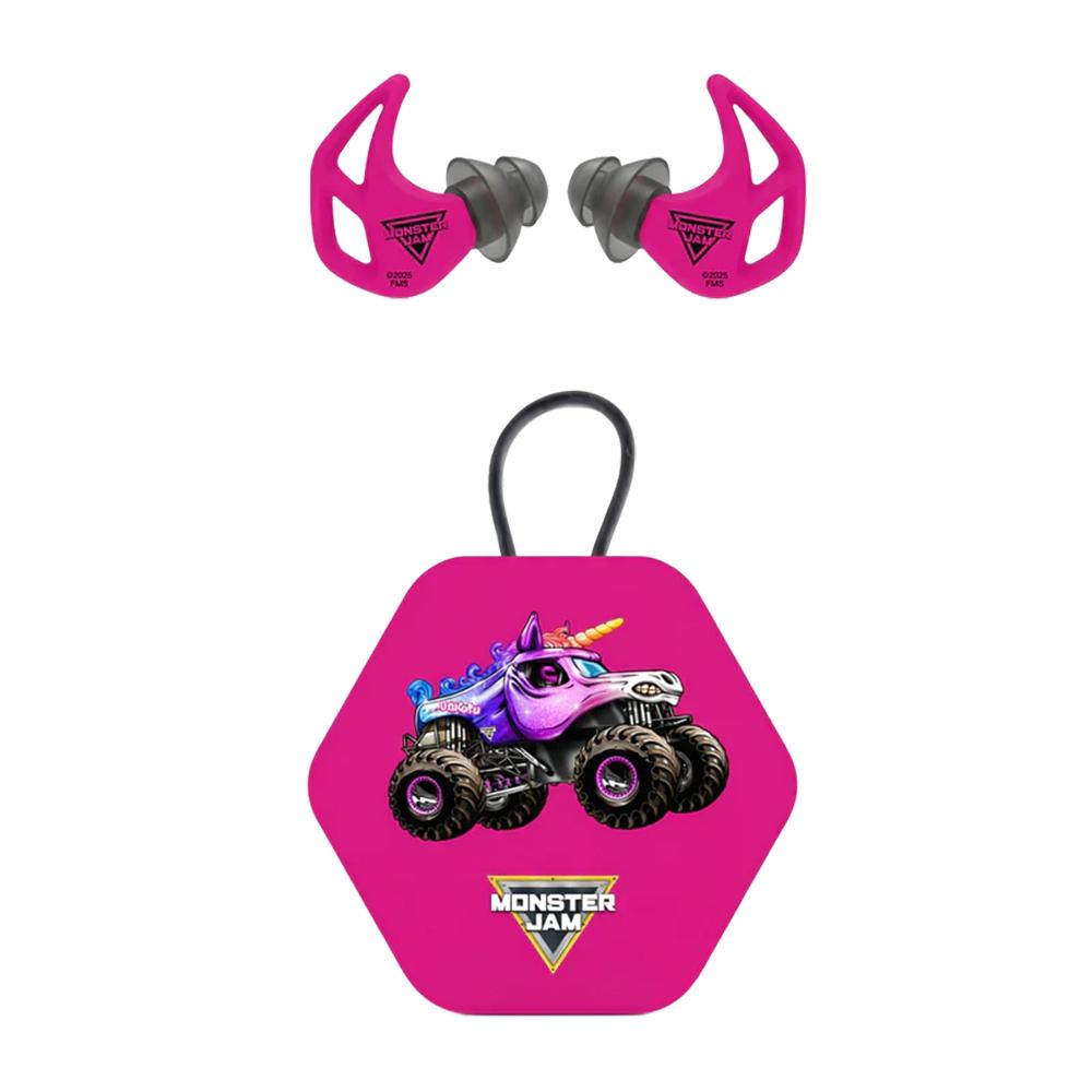 Pink Monster Jam unicorn earplugs with carrying case