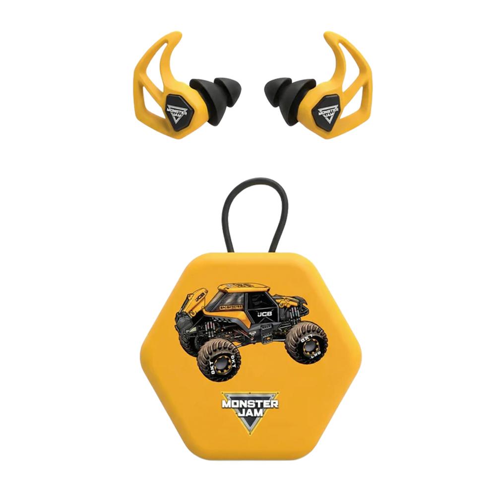 Yellow Monster Jam earbuds with charging case