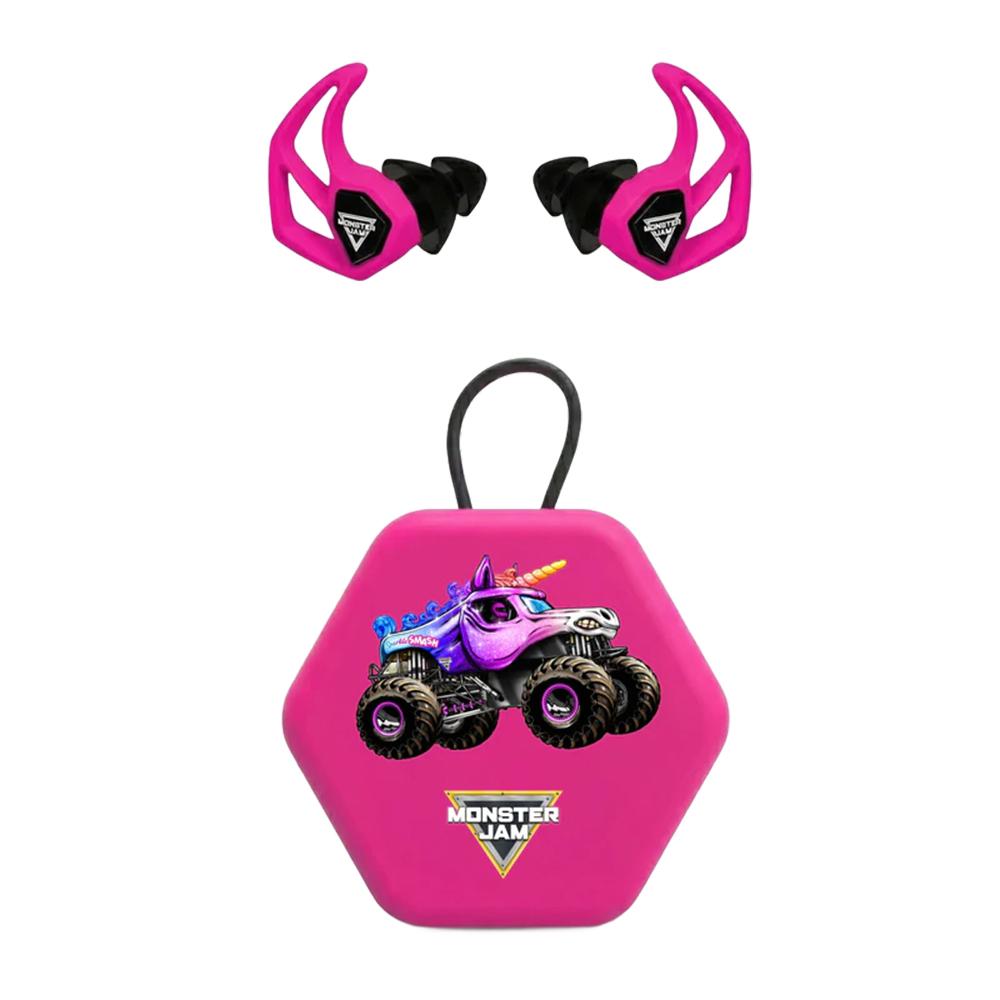 Pink Monster Jam earplugs with unicorn case