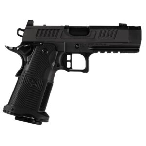 Black semi-automatic pistol on white background