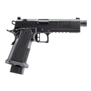 Black semi-automatic pistol with extended magazine