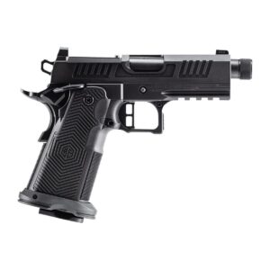 Black semi-automatic pistol with threaded barrel