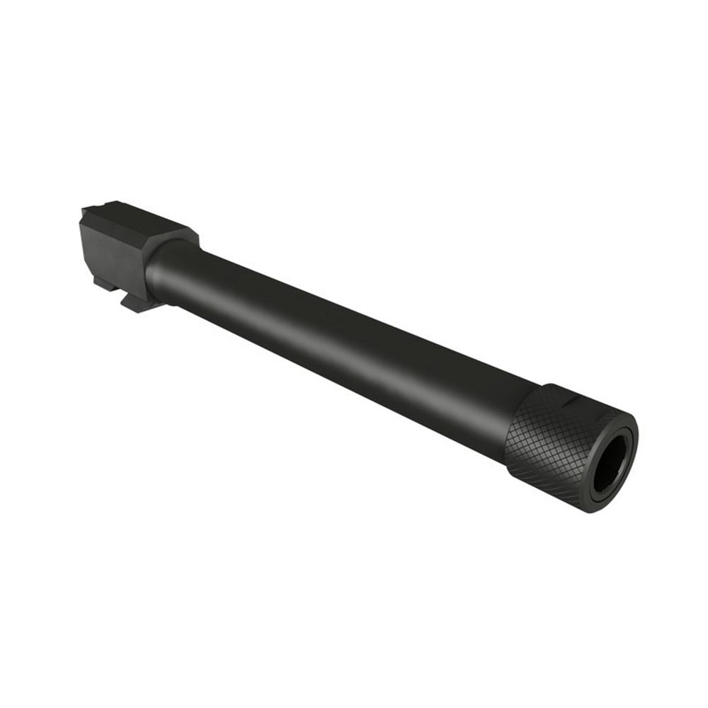 Black metal firearm barrel with knurled muzzle end