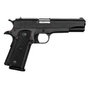 Black semi-automatic handgun on white background