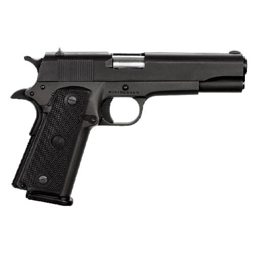 Black semi-automatic handgun on white background