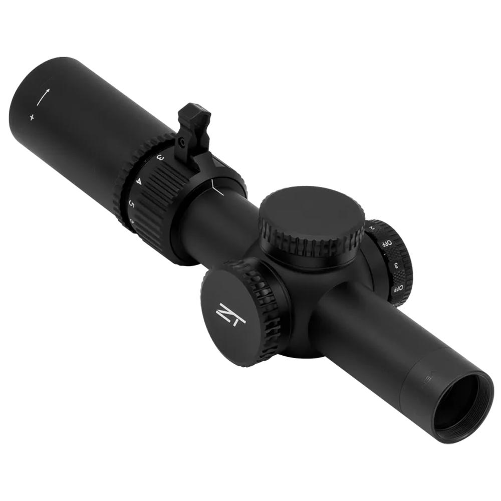 Black tactical rifle scope with adjustment turrets