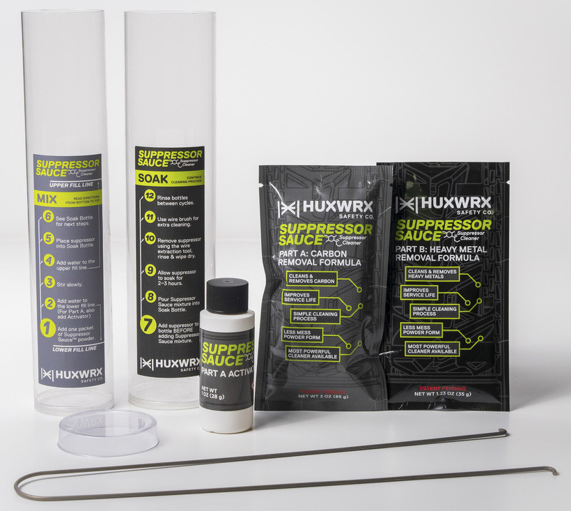 HUXWRX Suppressor Sauce cleaning kit components displayed