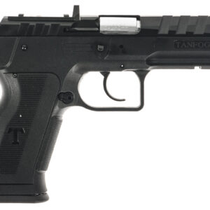 Black semi-automatic pistol on white background