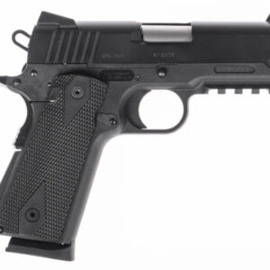 Black semi-automatic handgun on white background