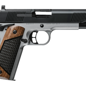 Two-tone 1911-style semi-automatic pistol with wooden grip