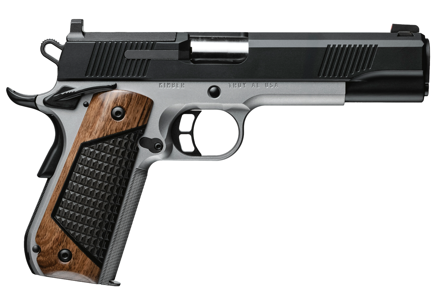 Two-tone 1911-style semi-automatic pistol with wooden grip