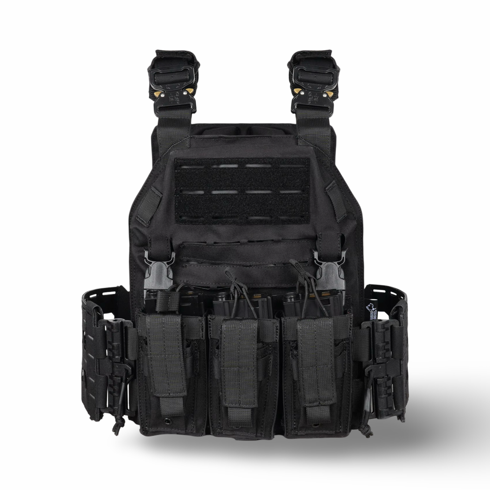 Black tactical plate carrier with magazine pouches