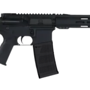 Black AR-style rifle with suppressor and magazine