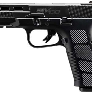 Black semi-automatic handgun on white background