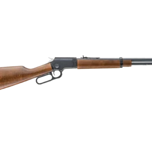 Lever-action rifle with wooden stock on white background
