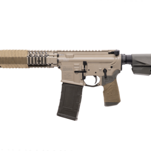 Tan AR-style rifle with short barrel and brace