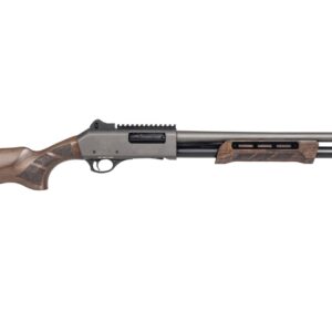 Pump-action shotgun with wooden stock on white background