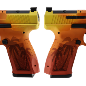 Two orange and yellow Canik 9mm pistols