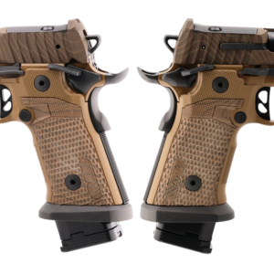 Two tan semi-automatic pistols mirrored on black