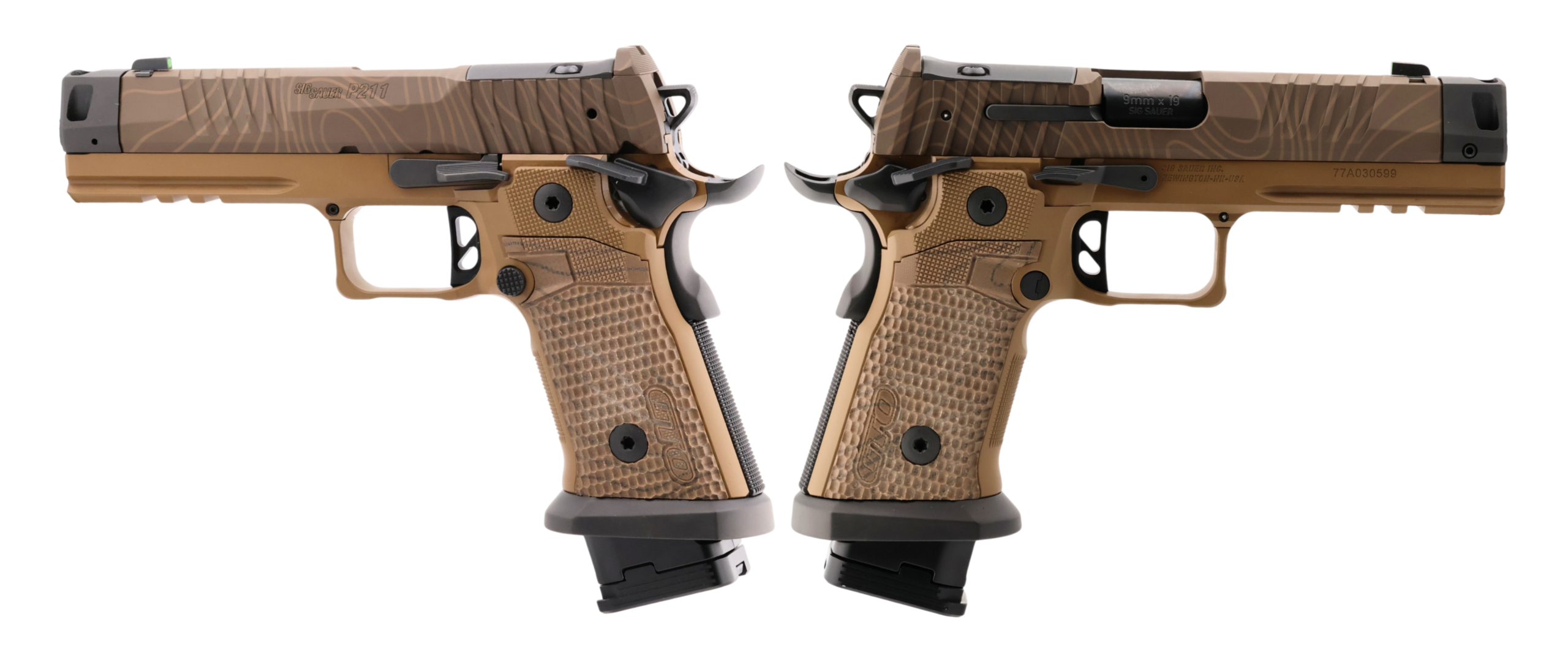 Two tan semi-automatic pistols mirrored on black