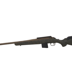 Bolt-action rifle with camo stock and muzzle brake